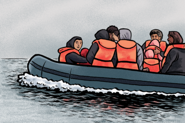 cover of our how to get out of detention guide. it is a drawing of around 8 people wearing orange life jackets on a raft in the ocean. One man is holding two children
