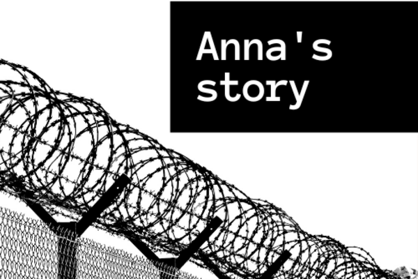 greyscale image of circular barbed wire and fence with a black box in the top right corner that read 'Anna's story'