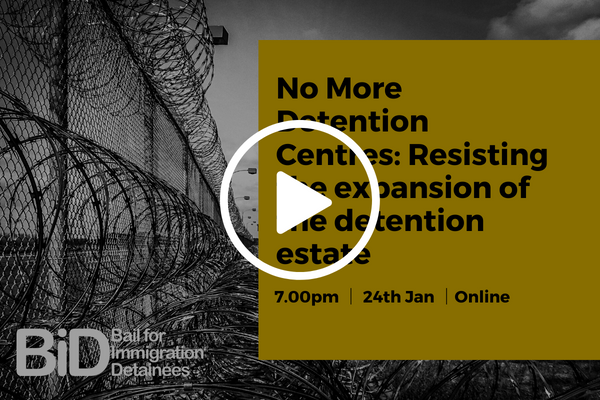 greyscale image of barbed wire and fence, with a yellow box on the right hand side with the details of our latest webinar. it reads 'no more detention centres: resisting the expansion of the detention estate' and 7:00pm | 24th Jan | Online in smaller text just below it. 