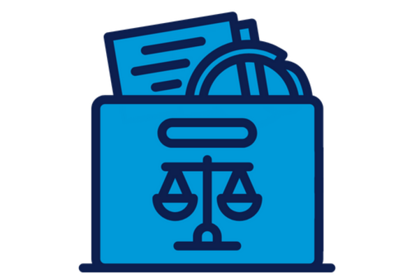 dark and light blue icon of a box with the justice scales. inside the box there are some papers