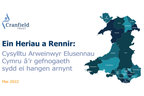 Cover of report in Welsh picture of Wales showing counties