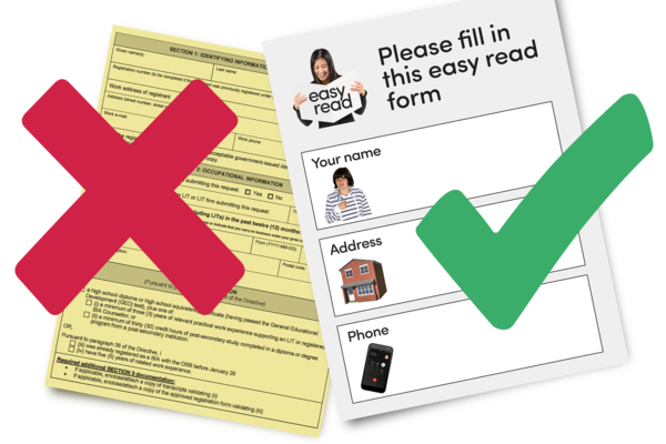 A picture of a non-accessible form with a red cross on and a picture of an easy read form with a green tick.