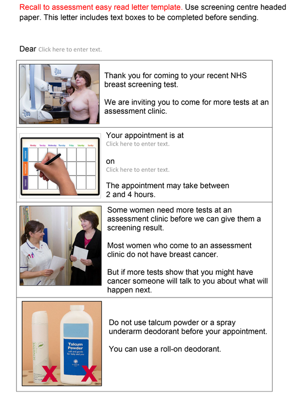 Breast screening recall to assessment easy read letter template NHS