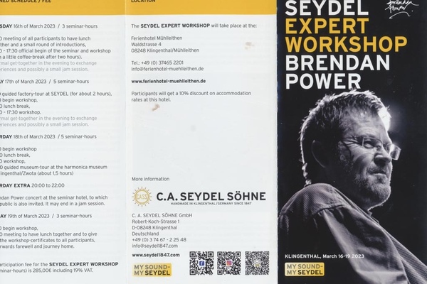 Photo of leaflet for Seydel expert workshop with Brendan Power