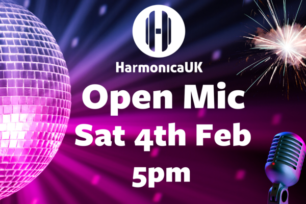 A huge disco ball with neon lights in the background, fireworks and a Harmonica microphone with words -Open Mic Sat 4th Feb 5pm 
