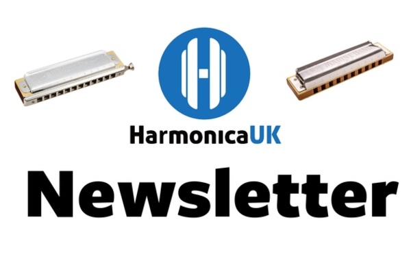 Newsletter Header - A Chromatic and Diatonic Harmonica either side of the HarmonicaUK Logo