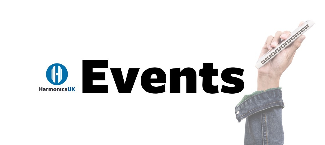 'Events' title with hand holding a harmonica up high