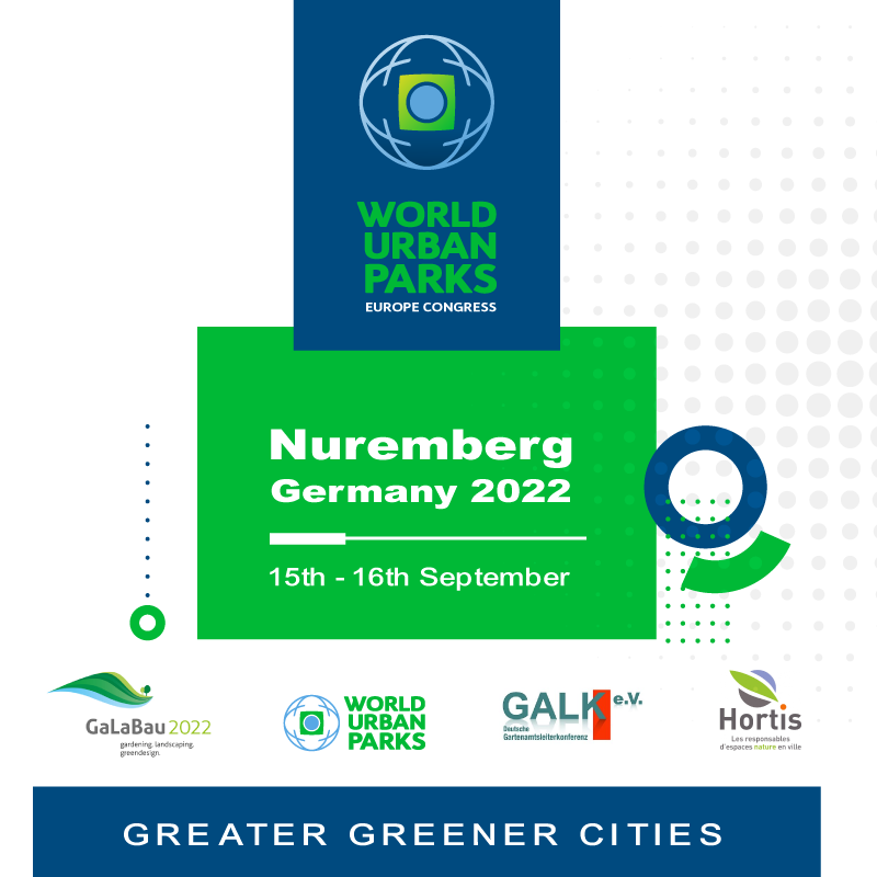 World Urban Parks Europe Congress will take place in Nuremberg Germany on the 15th and 16th of September, 2022. Image shows the World Urban Parks logo and the logo of each partner involved in the event.