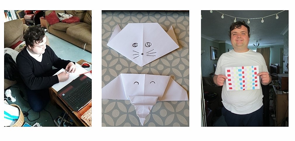 Duncan doing mindfulness colouring and his paper weaving as well as the origami animals Duncan doing mindfulness colouring and his paper weaving as well as the origami animals
