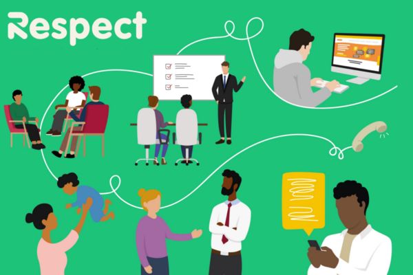 Cover of Respect's 2020/21 impact report: illustrations showing different areas of our work: perpetrators, young people, professionals, male victims