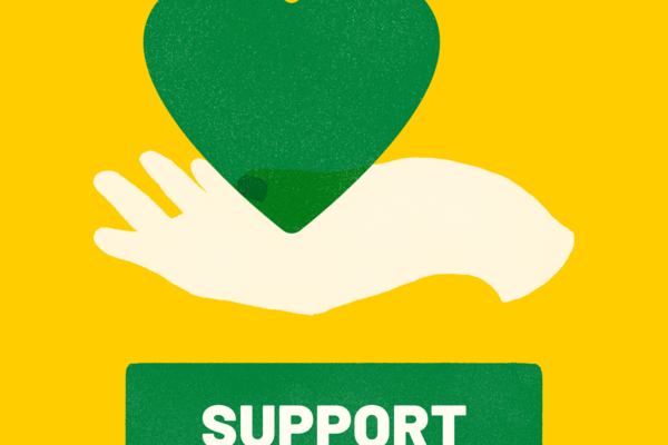 Yellow background with illustrated hand holding a green heart