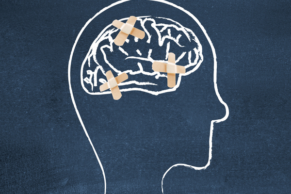 Illustration of plasters over three parts of a person's brain