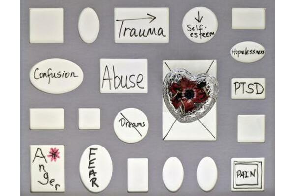Pinboard with different cards saying: Trauma, Self-esteem, hopelessness, PTSD, Fear, Anger, Pain