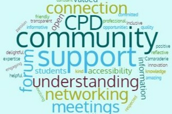 word cloud with key words about UMHAN: Community, CPD, Support, Understanding, networking